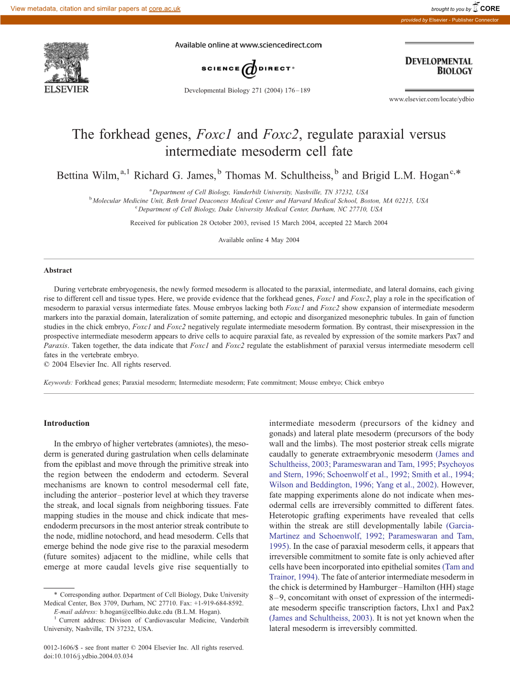 The Forkhead Genes, Foxc1 and Foxc2, Regulate Paraxial Versus Intermediate Mesoderm Cell Fate