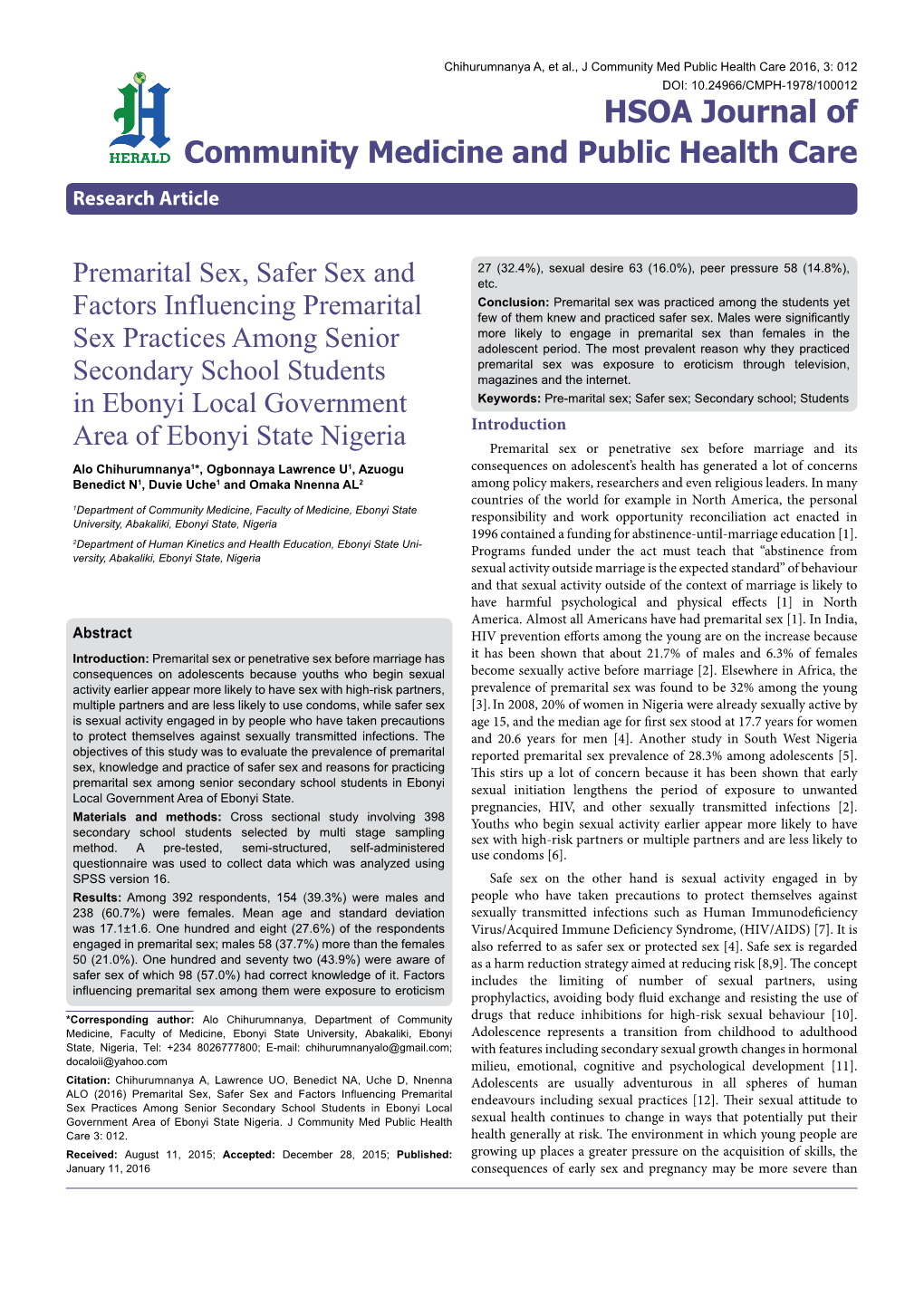 Premarital Sex, Safer Sex and Factors Influencing Premarital Sex