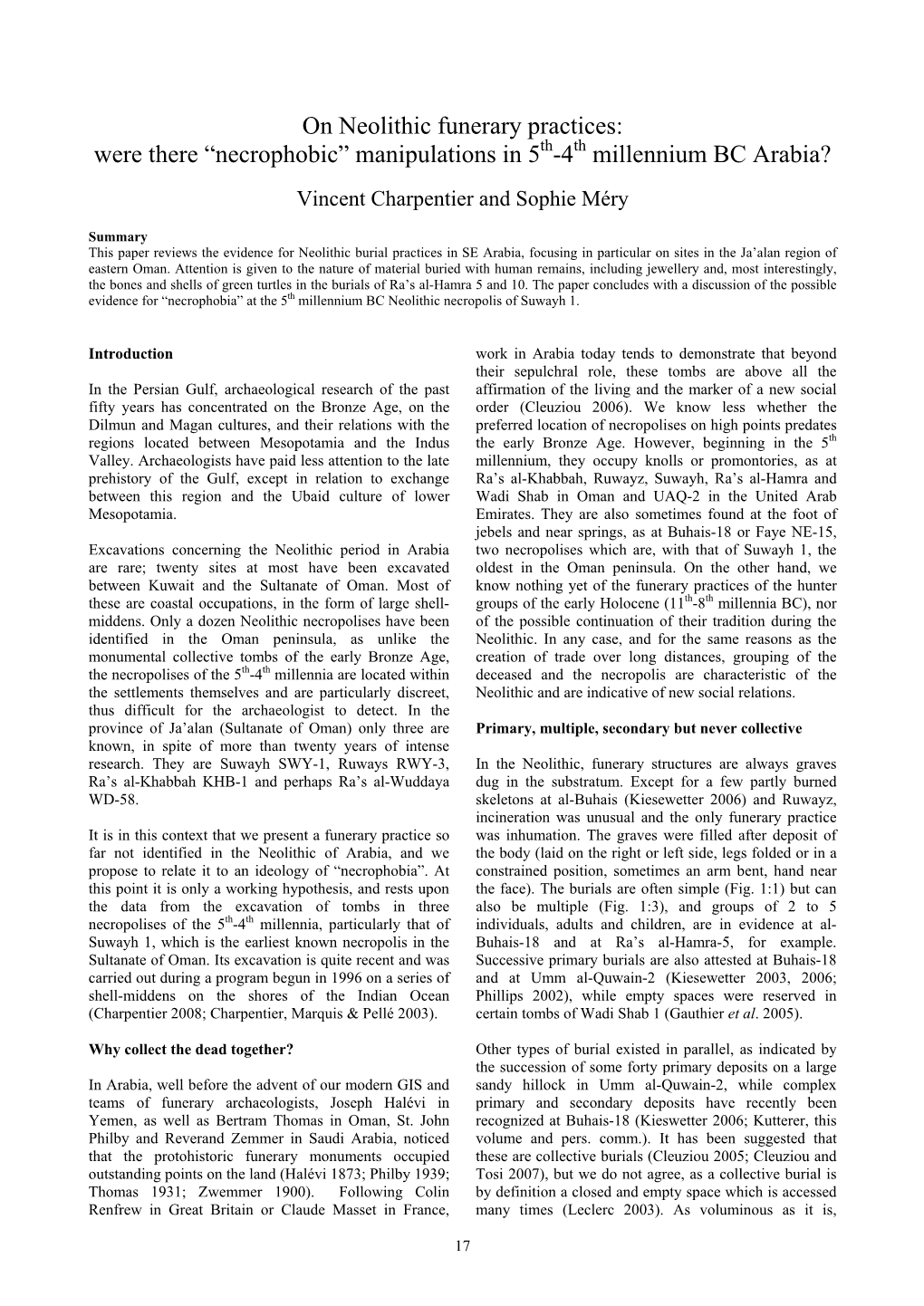 On Neolithic Funerary Practices: Were There “Necrophobic” Manipulations in 5Th-4Th Millennium BC Arabia?