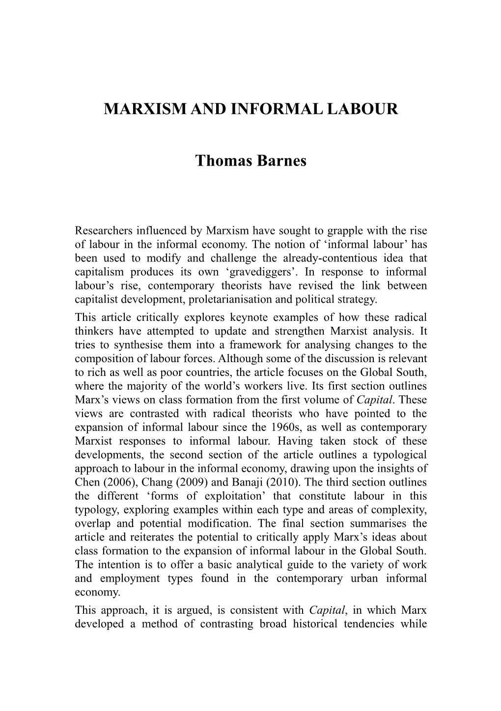 MARXISM and INFORMAL LABOUR Thomas Barnes