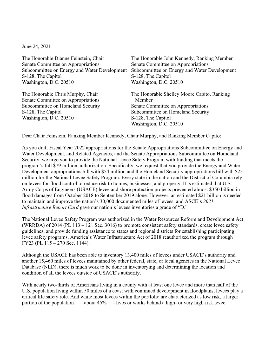 U.S. Levee Safety Coalition Letter to Senate Committee On