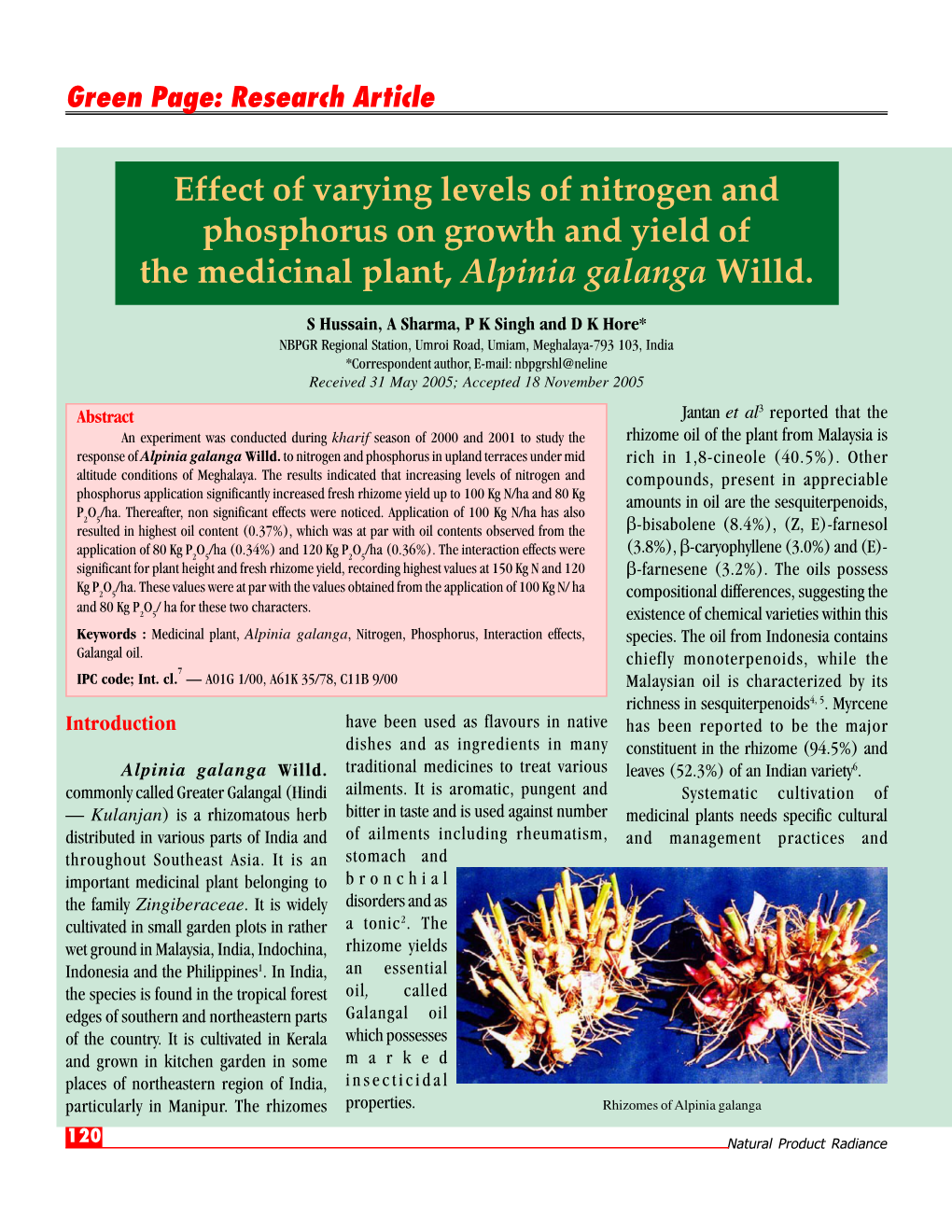 Effect of Varying Levels of Nitrogen and Phosphorus on Growth and Yield of the Medicinal Plant, Alpinia Galanga Willd