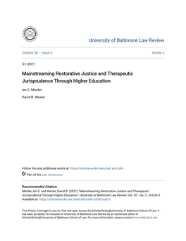 Mainstreaming Restorative Justice and Therapeutic Jurisprudence Through Higher Education