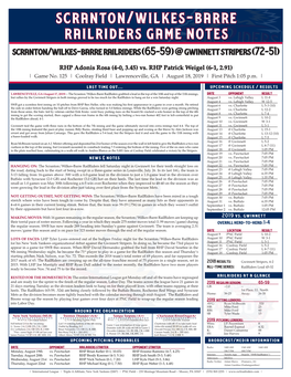 Scranton/Wilkes-Barre Railriders Game Notes Scranton/Wilkes-Barre Railriders (65-59) @ Gwinnett Stripers (72-51)