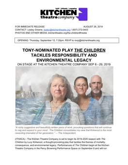 The Children ​ Tackles Responsibility and Environmental Legacy on Stage at the Kitchen Theatre Company Sep 8 - 29, 2019