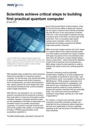 Scientists Achieve Critical Steps to Building First Practical Quantum Computer 29 April 2015