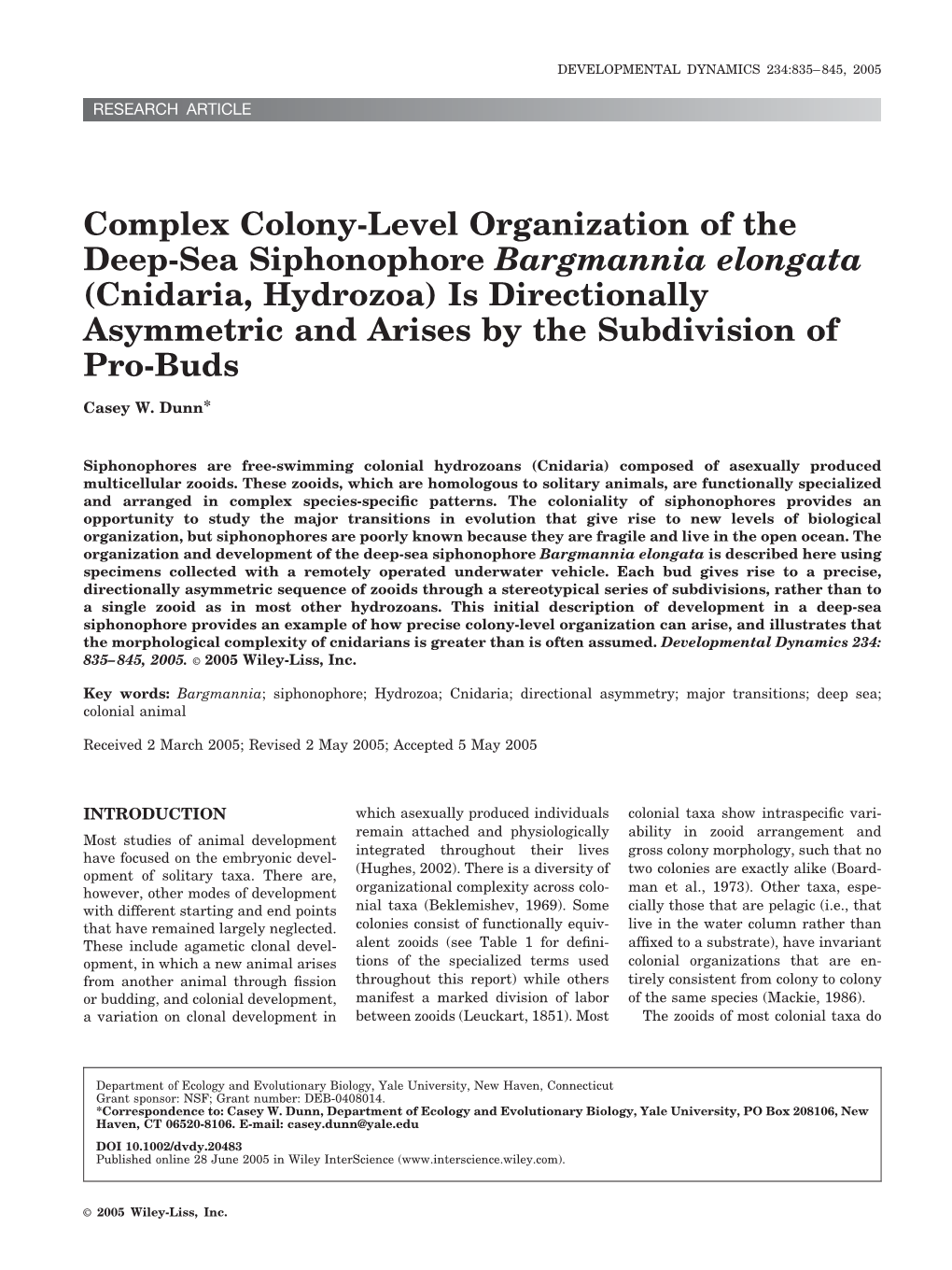 Complex Colony-Level Organization of the Deep-Sea Siphonophore Bargmannia Elongata (Cnidaria, Hydrozoa) Is Directionally Asymmet