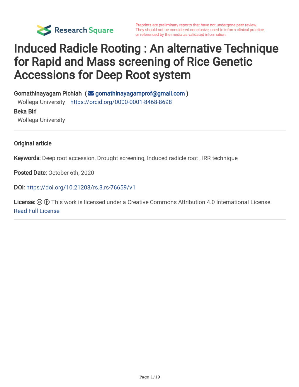 Induced Radicle Rooting : an Alternative Technique for Rapid and Mass Screening of Rice Genetic Accessions for Deep Root System