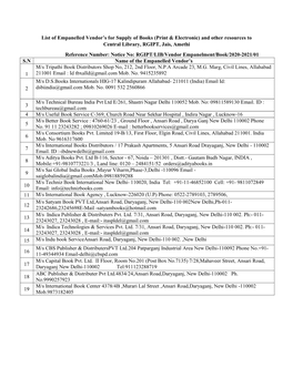 List of Empanelled Vendor's for Supply of Books (Print & Electronic) and Other Resources to Central Library, RGIPT, Jais