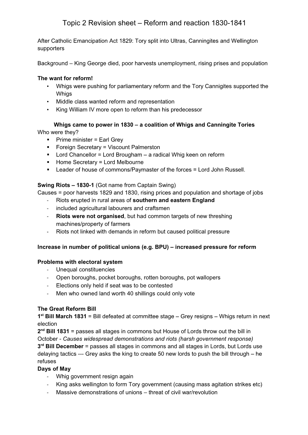 Topic 2 Revision Sheet – Reform and Reaction 1830-1841