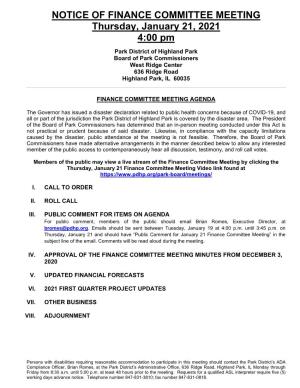 January 21, 2021 Finance Committee Meeting Agenda