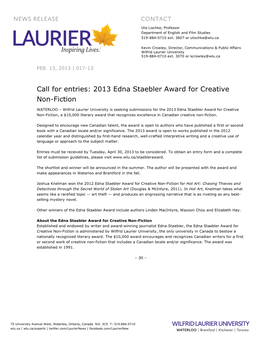 2013 Edna Staebler Award for Creative Non-Fiction