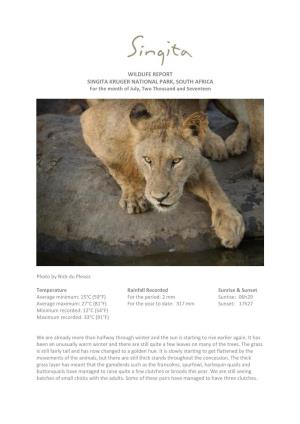 WILDLIFE REPORT SINGITA KRUGER NATIONAL PARK, SOUTH AFRICA for the Month of July, Two Thousand and Seventeen