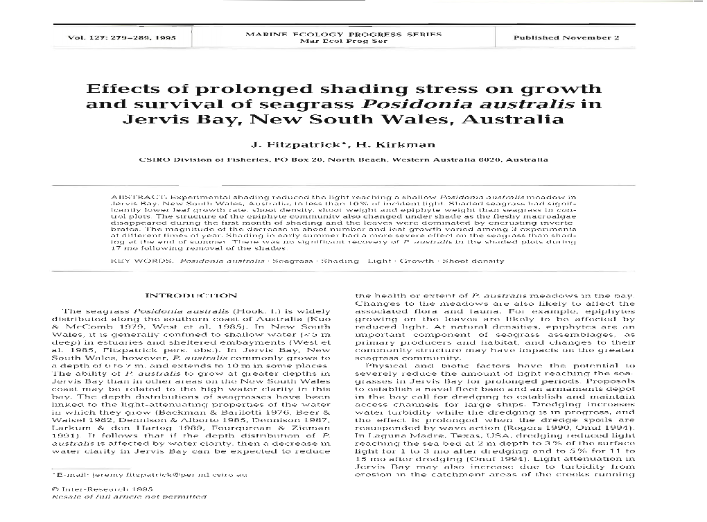 Effects of Prolonged Shading Stress on Growth and Survival of Seagrass Posidonia Australis in Jervis Bay, New South Wales, Australia