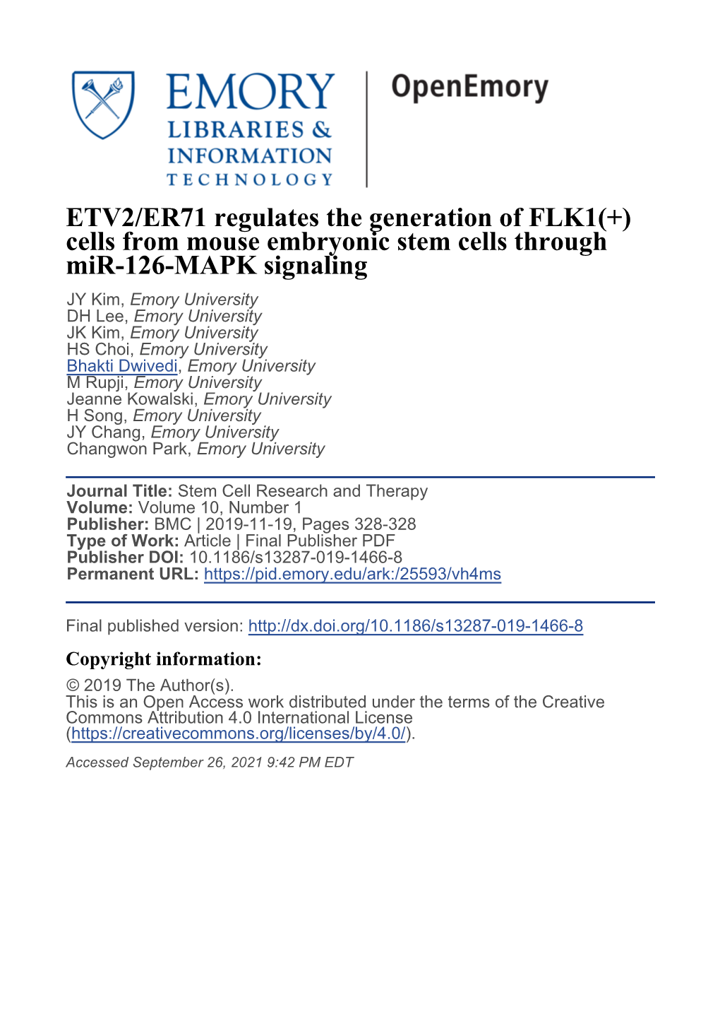 ETV2/ER71 Regulates the Generation of FLK1(+) Cells from Mouse