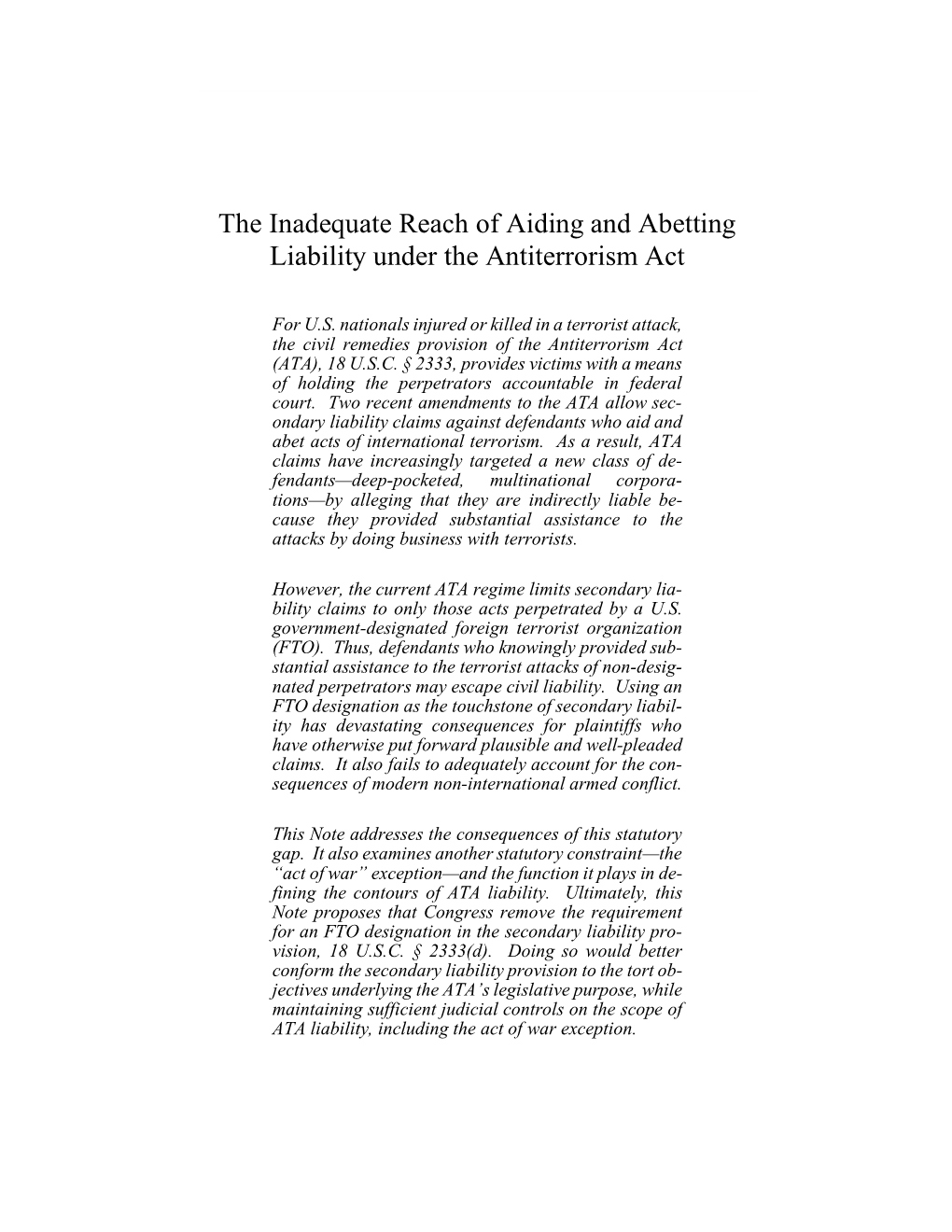 The Inadequate Reach of Aiding and Abetting Liability Under the Antiterrorism Act