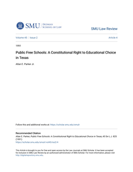 Public Free Schools: a Constitutional Right to Educational Choice in Texas