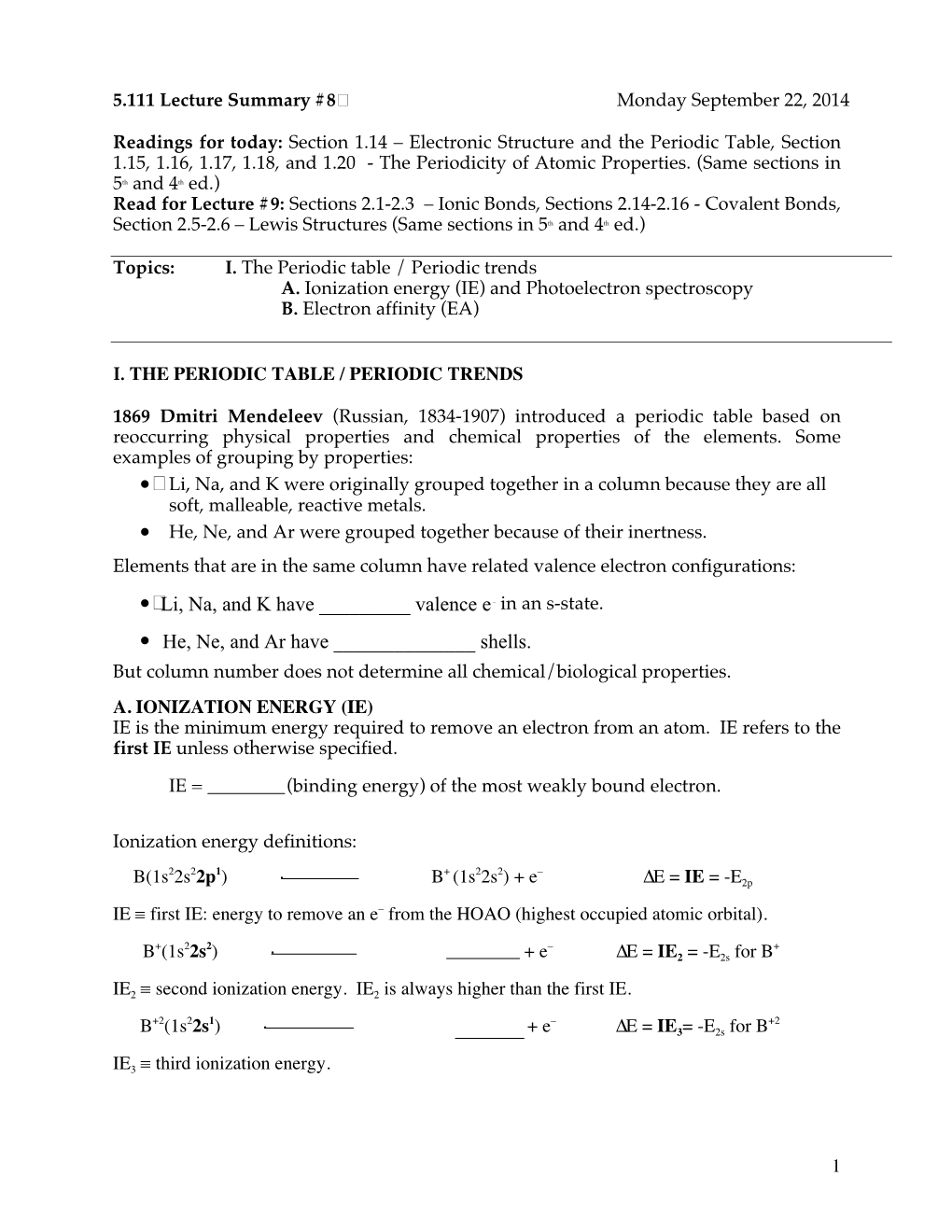 Lecture 8: the Periodic Table and Periodic Trends