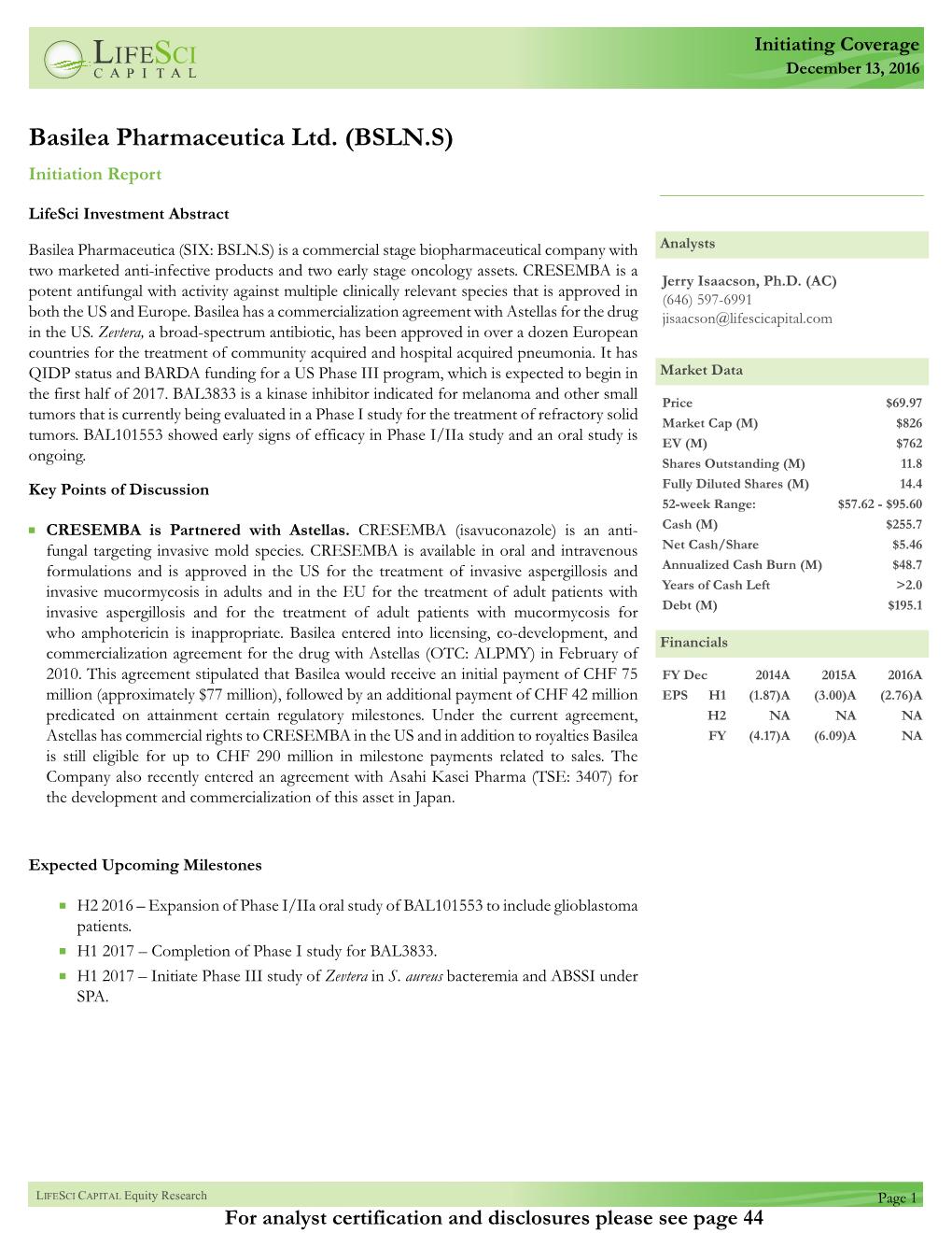 Basilea Pharmaceutica Ltd. (BSLN.S) Initiation Report