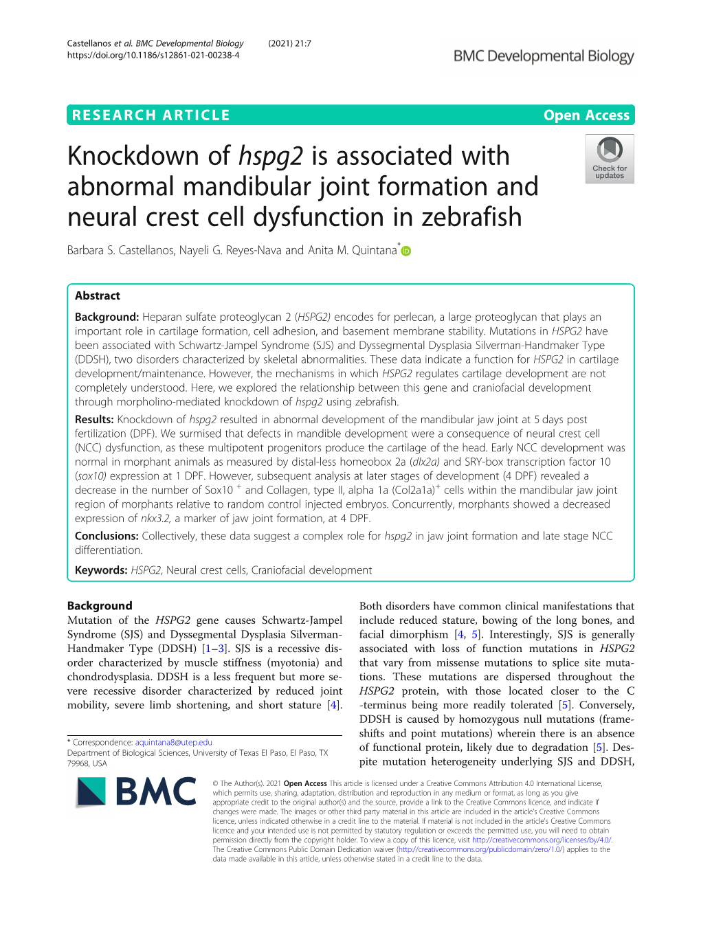 Knockdown of Hspg2 Is Associated with Abnormal Mandibular Joint Formation and Neural Crest Cell Dysfunction in Zebrafish Barbara S