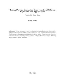 Turing Pattern Formation from Reaction-Diffusion Equations And
