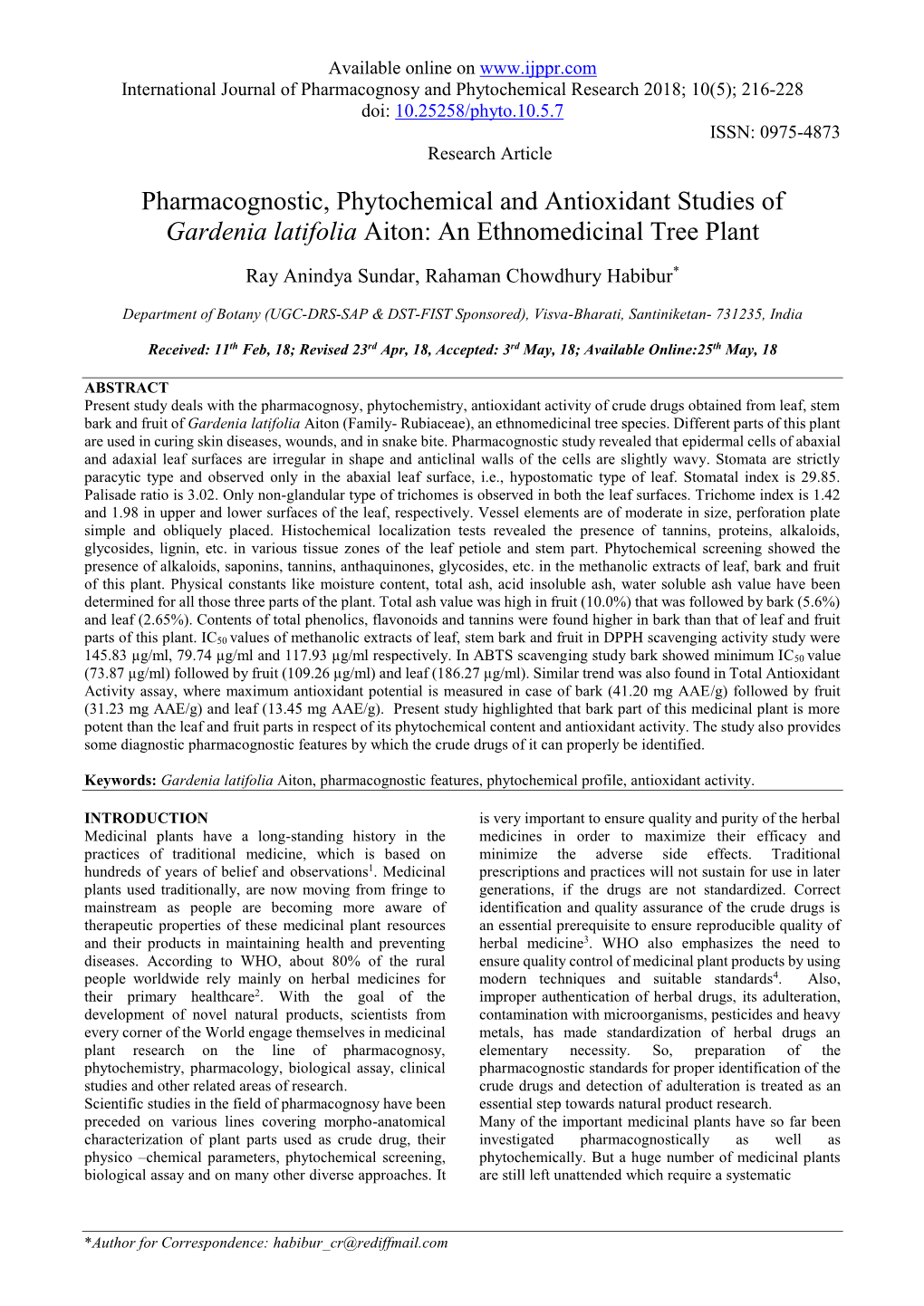 Pharmacognostic, Phytochemical and Antioxidant Studies of Gardenia Latifolia Aiton: an Ethnomedicinal Tree Plant