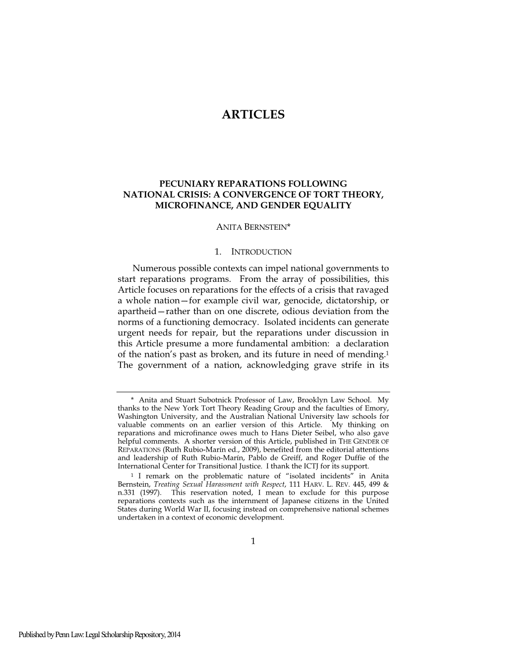 Pecuniary Reparations Following National Crisis: a Convergence of Tort Theory, Microfinance, and Gender Equality