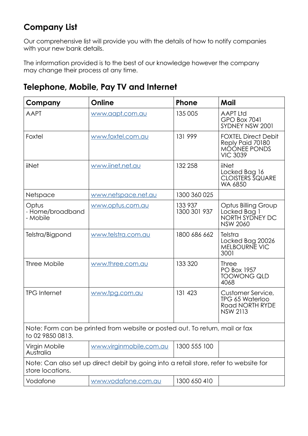 Company List Telephone, Mobile, Pay TV and Internet