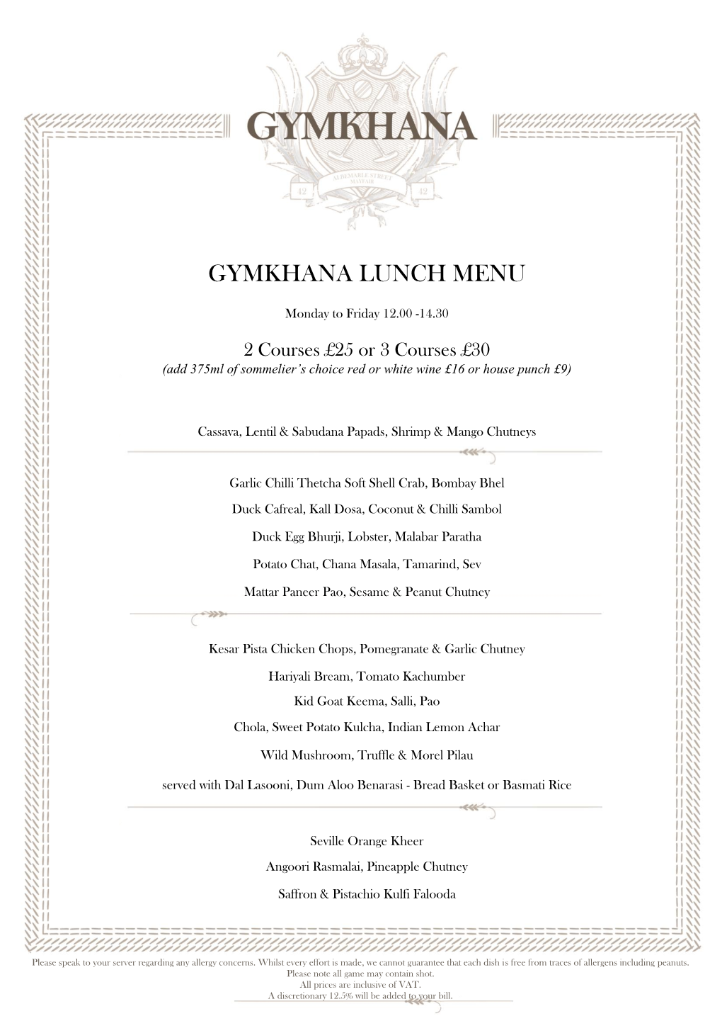 Gymkhana Lunch Menu