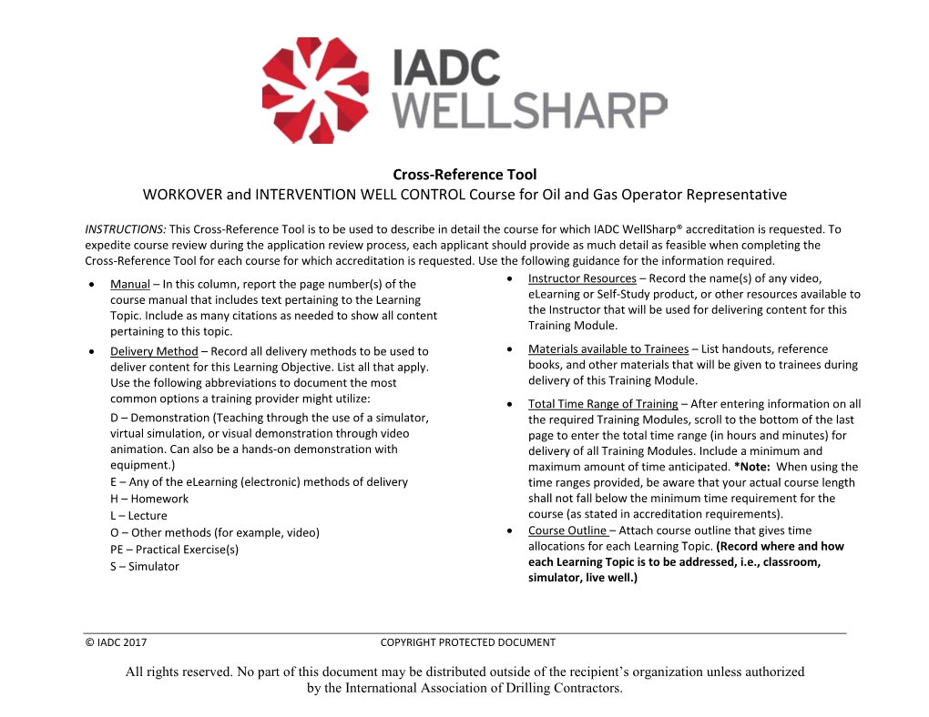 Cross-Reference Tool WORKOVER and INTERVENTION WELL CONTROL Course for Oil and Gas Operator Representative