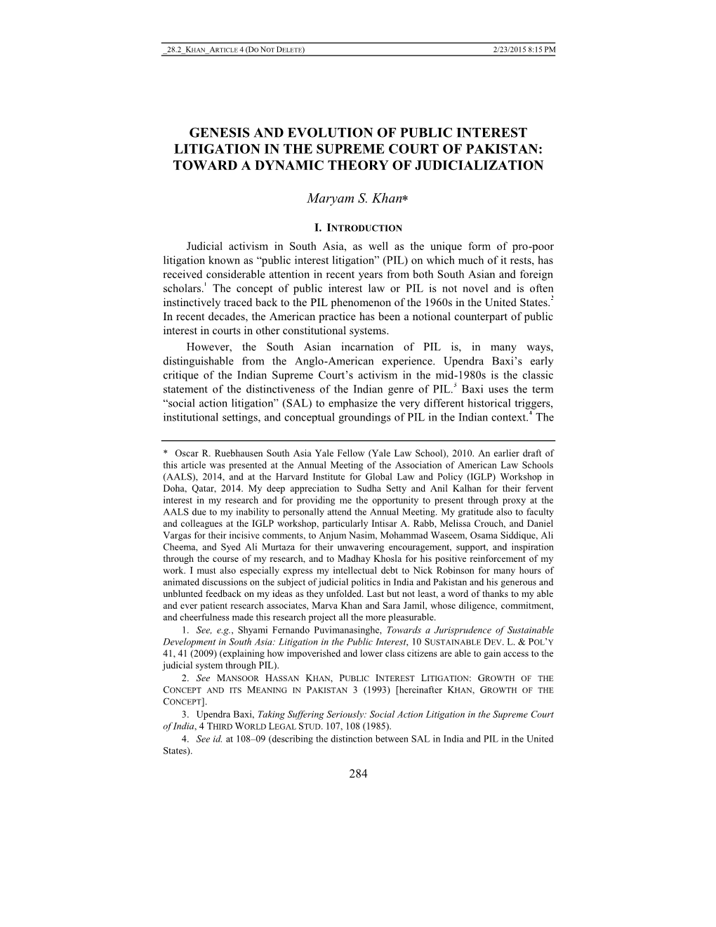 Genesis and Evolution of Public Interest Litigation in the Supreme Court of Pakistan: Toward a Dynamic Theory of Judicialization