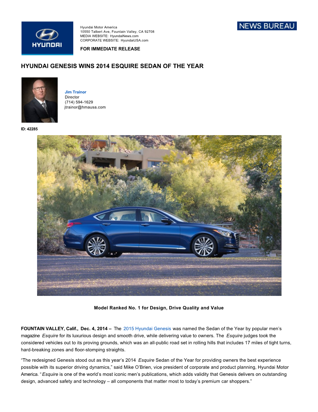 Hyundai Genesis Wins 2014 Esquire Sedan of the Year