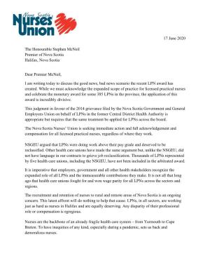 Janet Hazelton Letter to Premier Stephen Mcneil