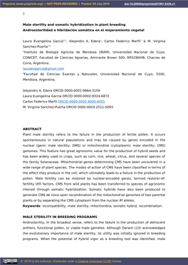 Male Sterility and Somatic Hybridization in Plant Breeding Androesterilidad E Hibridación Somática En El Mejoramiento Vegetal