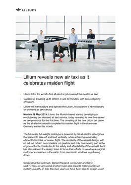 Lilium Reveals New Air Taxi As It Celebrates Maiden Flight