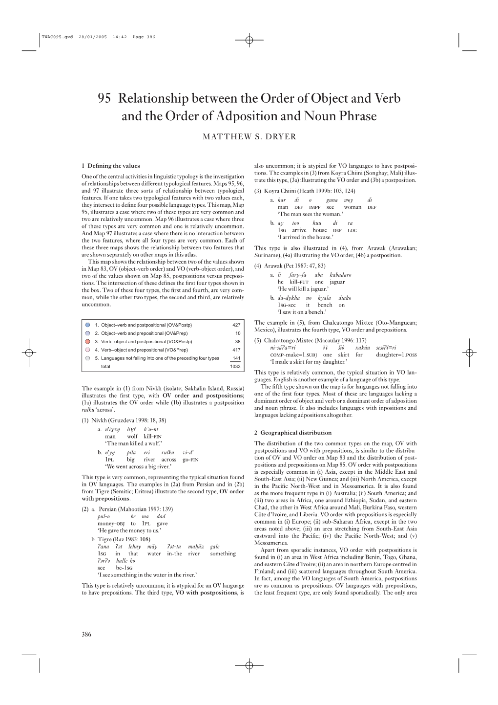 95 Relationship Between the Order of Object and Verb and the Order of Adposition and Noun Phrase