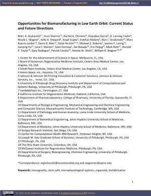 Opportunities for Biomanufacturing in Low Earth Orbit: Current Status and Future Directions
