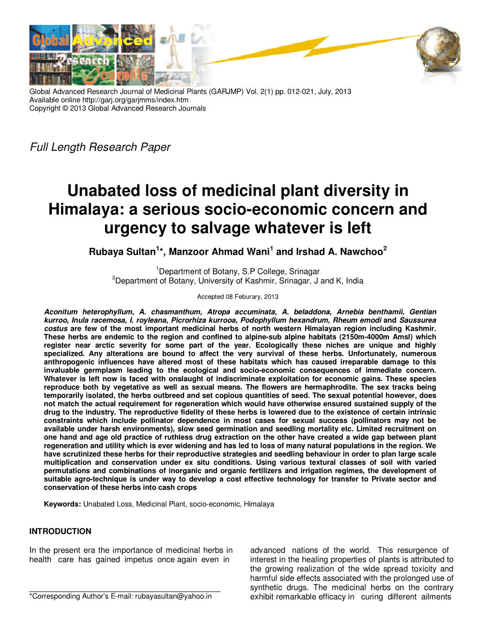 Unabated Loss of Medicinal Plant Diversity in Himalaya: a Serious Socio-Economic Concern and Urgency to Salvage Whatever Is Left