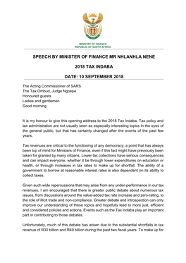 Speech by Minister of Finance Mr Nhlanhla Nene 2018 Tax Indaba Date