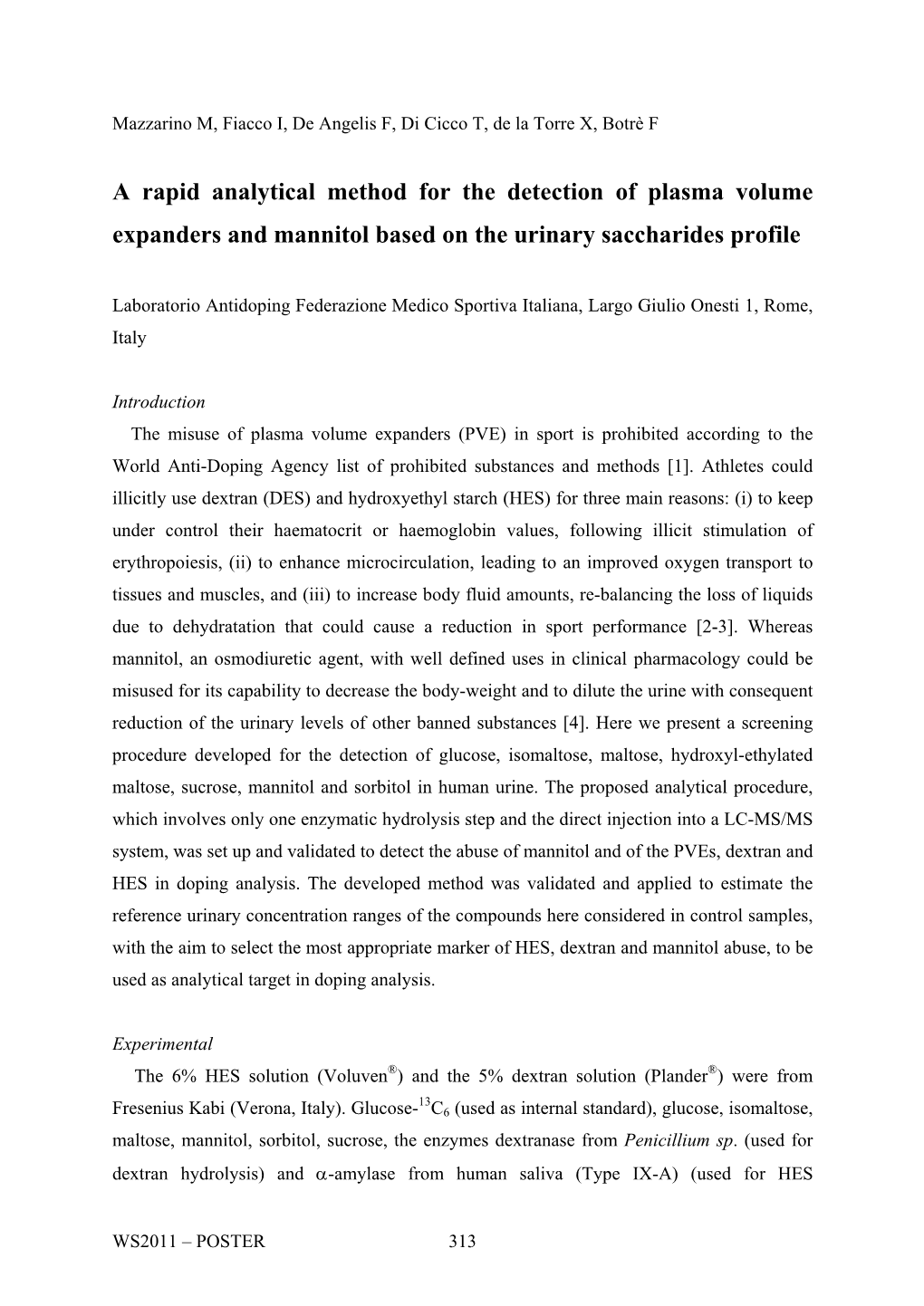 A Rapid Analytical Method for the Detection of Plasma Volume Expanders and Mannitol Based on the Urinary Saccharides Profile