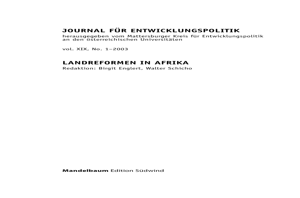 JOURNAL FÜR ENTWICKLUNGSPOLITIK Herausgegeben Vom Mattersburger Kreis Für Entwicklungspolitik an Den Österreichischen Universitäten