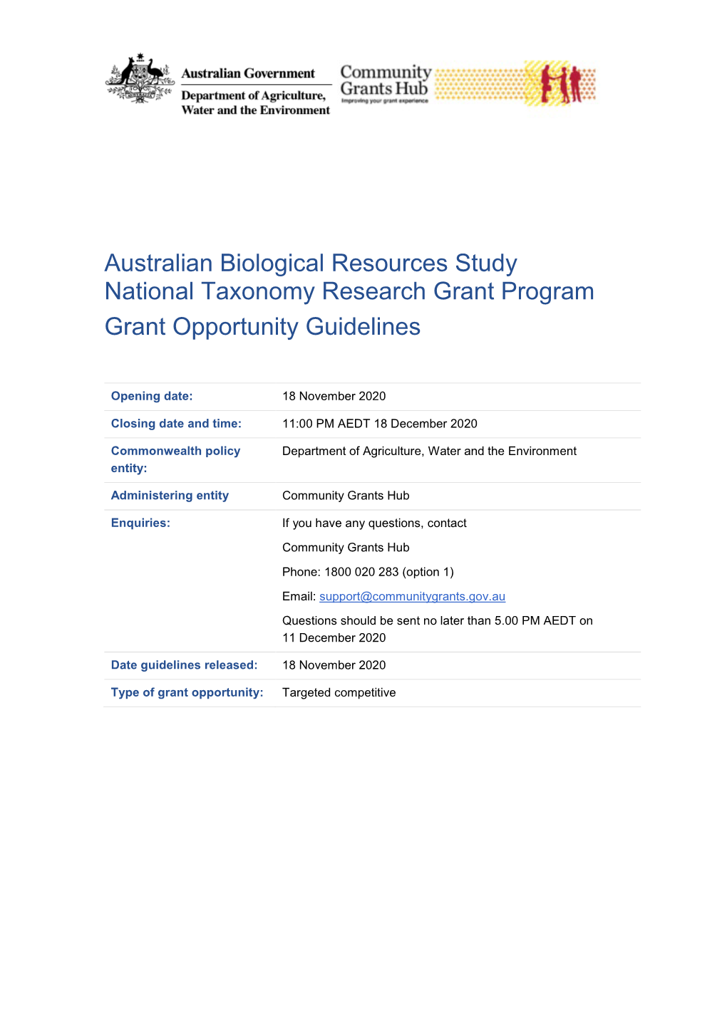 National Taxonomy Research Grant Program Guidelines