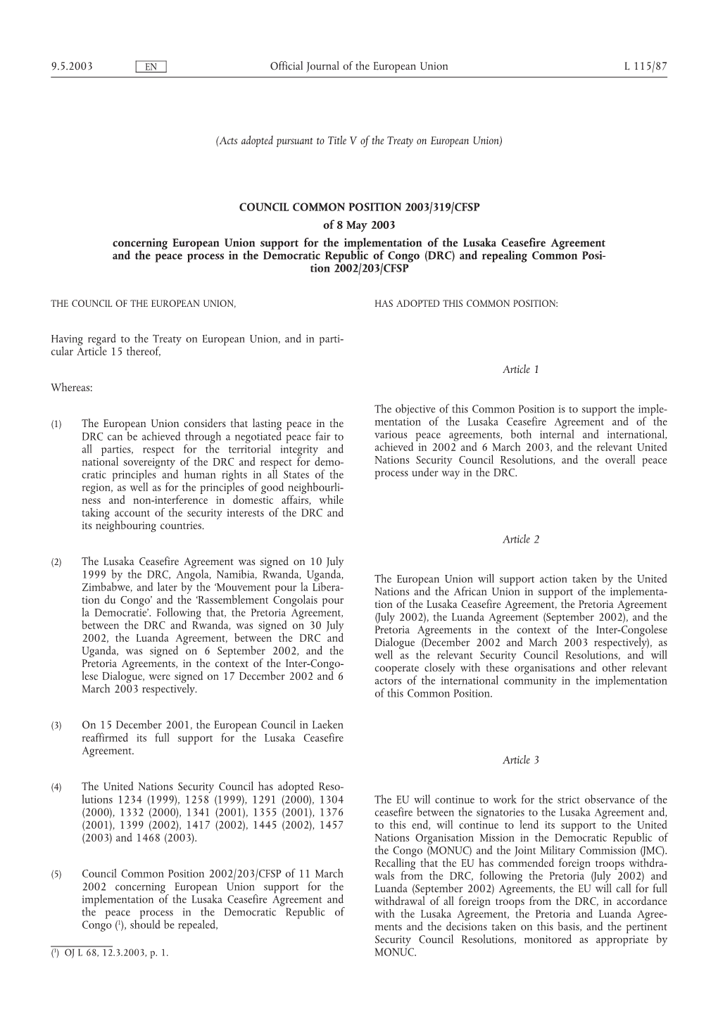 Acts Adopted Pursuant to Title V of the Treaty on European Union