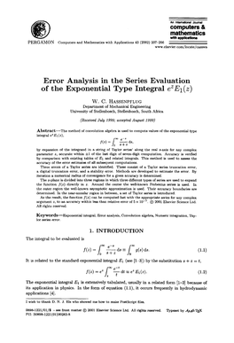 Error Analysis in the Series Evaluation of the Exponential Type Integral Ezel(Z)