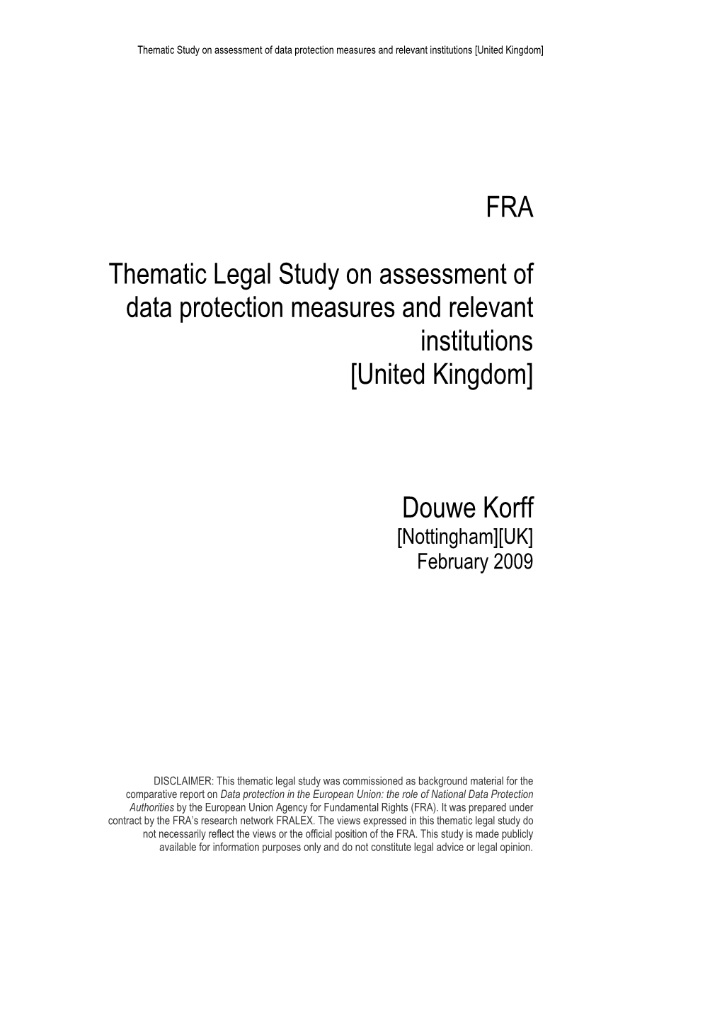 FRA Thematic Legal Study on Assessment of Data Protection Measures and Relevant Institutions