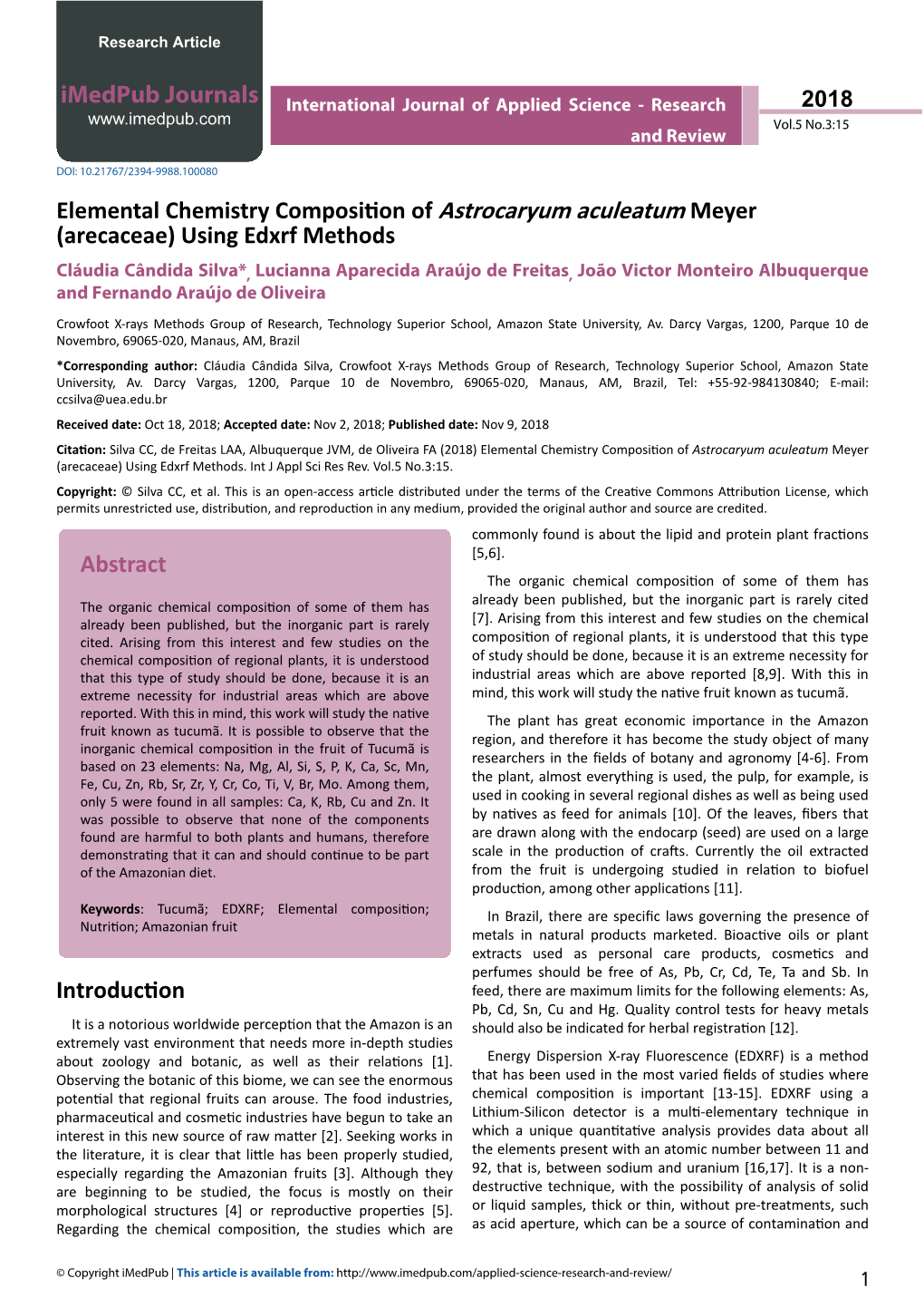 Elemental Chemistry Composition of Astrocaryum Aculeatum Meyer (Arecaceae) Using Edxrf Methods