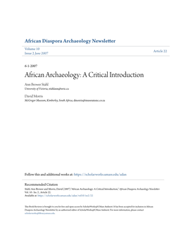 African Archaeology: a Critical Introduction Ann Brower Stahl University of Victoria, Stahlann@Uvic.Ca