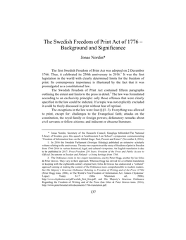 The Swedish Freedom of Print Act of 1776 – Background and Significance