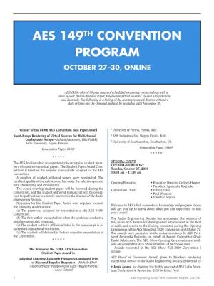 Aes 149Th Convention Program October 27–30, Online