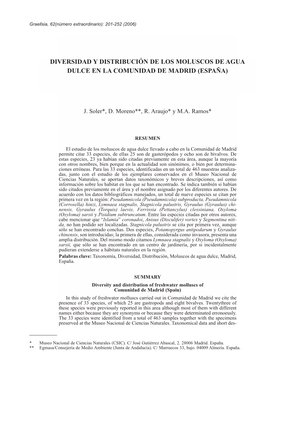 Diversidad Y Distribución De Los Moluscos De Agua Dulce En La Comunidad De Madrid (España)